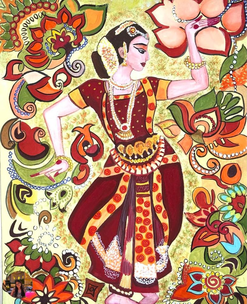 Painting by Anupriya Nagar: Bharatanatyam dancer with a lotus, in a border of folk motifs