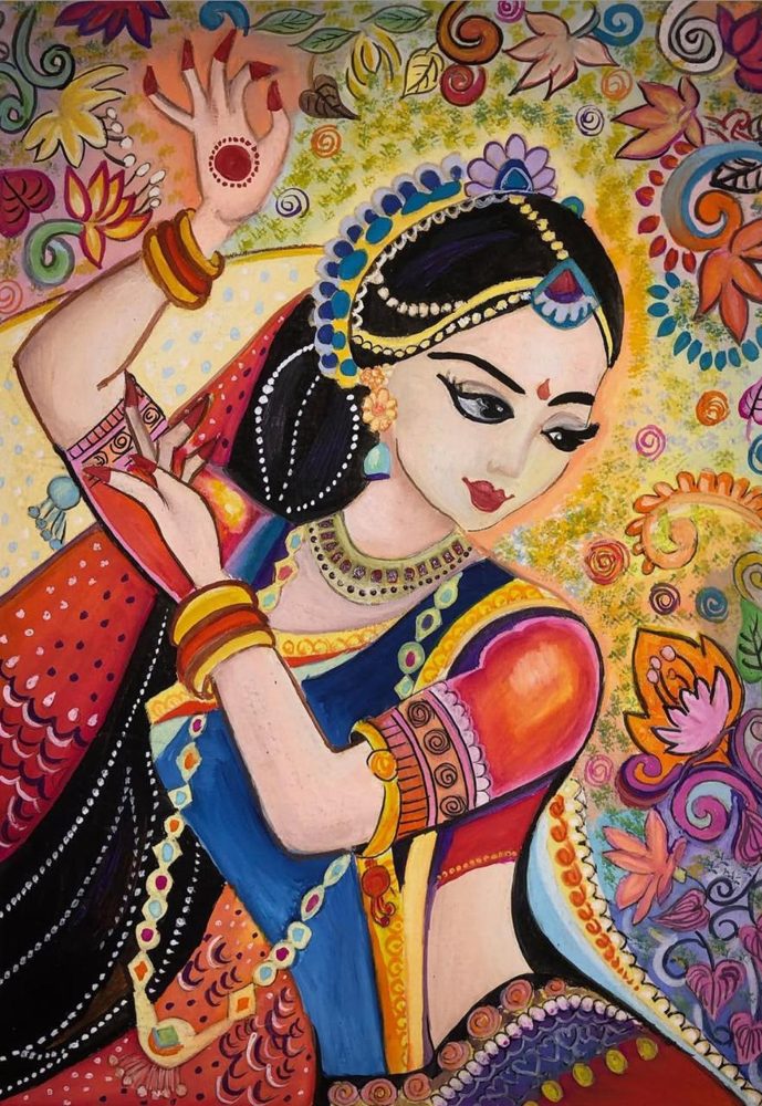 Painting by Anupriya Nagar: A mudra close-up: the hand, the eyes, the jewellery