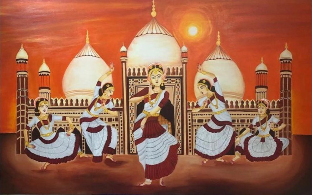 Painting by Anupriya Nagar: Classical dancers before a domed monument at sunset