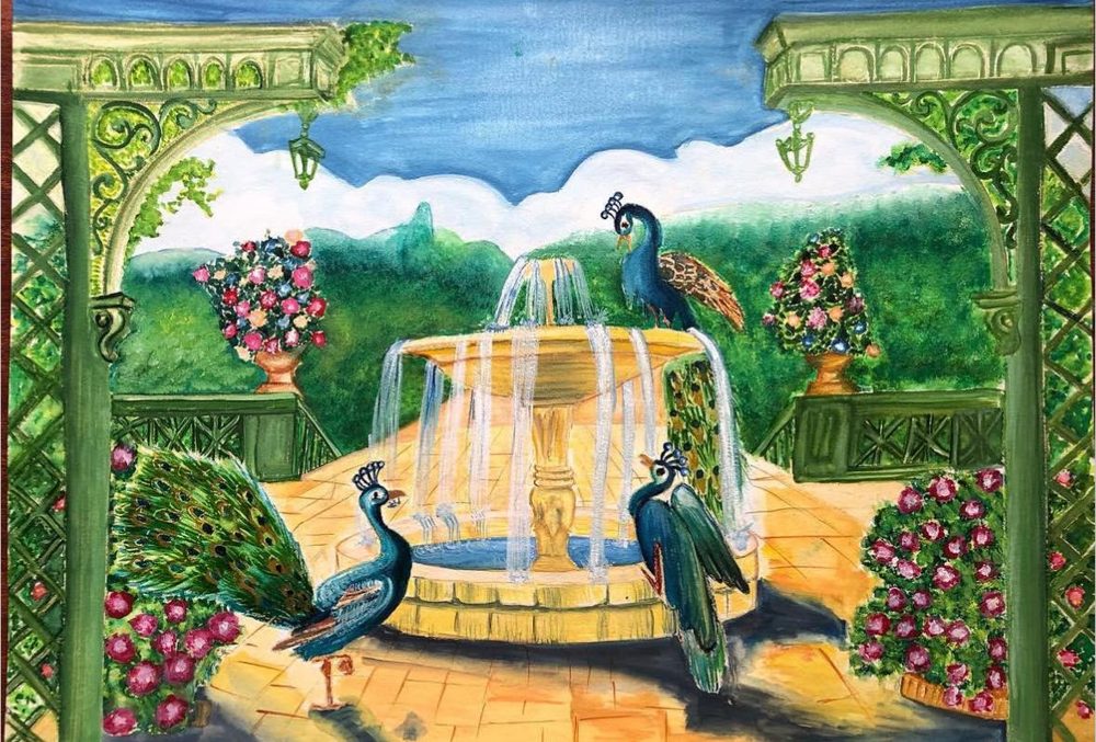 Painting by Anupriya Nagar: Peacocks around a fountain in a garden pavilion